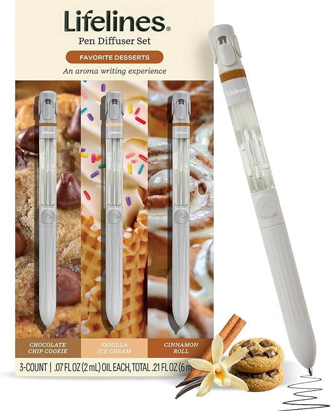 Lifelines Pen Diffuser Set, Favorite Desserts 3-Pack - 1mm Black Ballpoint Pens with Scented Essential Oil Blends – Aromatherapy Diffuser & Sensory Immersion Diffuse Aroma As You Write