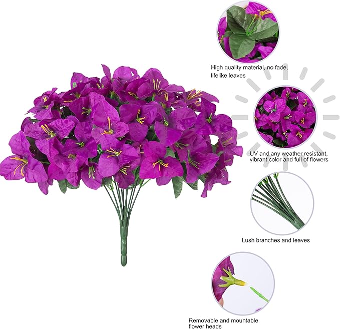 Fake Bougainvillea Artificial Flowers for Outdoors, 4 Bundles Realistic Fake Flower UV Resistant Silk Flowers for Outside, Faux Plants for Planter Patio Porch Window Garden Home Decoration (Purple)