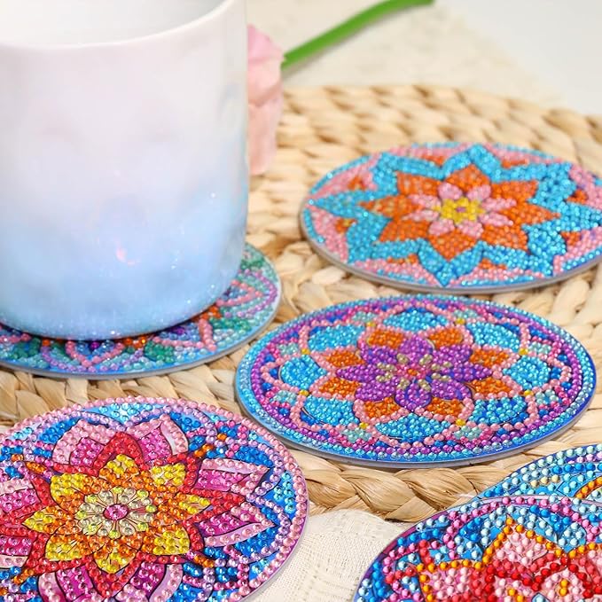 8 PCS Lotus Diamond Art Coasters Kits, Diamond Painting Coasters with Holder Set of 8, DIY Drink Coasters Art Crafts Supplies for Adults Cup Mat for Home Decor House Warming Gifts Non-Slip 3.9inch