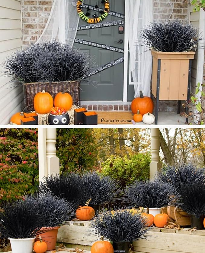 Black and White Plants Halloween Faux Flowers,Artificial Onion Grass Fake UV Resistant Outdoor Shrubs Plants Flowers Greenery Stems Faux Wheat Grass for Garden Home Window Box Porch Decor(Black White)