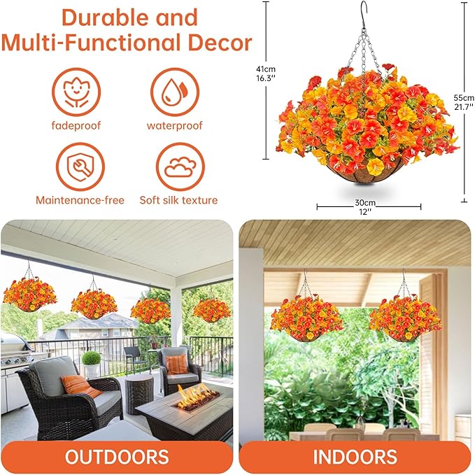 Artificial Hanging Faux Flowers Basket, Fake Silk Petunias Plants Arrangement,for Summer Fall Outdoor Decoration,UV Resistant, Morning Glorias,for Home Garden Decor (Orange&Yellow)