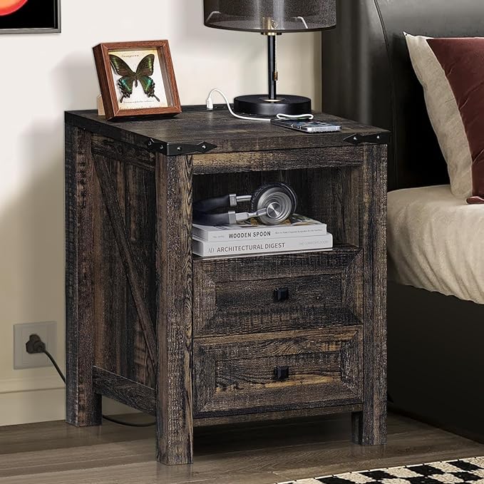 Nightstand with Charging Station and USB Port, Farmhouse Side End Table with 2 Drawers and Shelf Storage, Wooden Sofa Table, Bedside Cabinet for Bedroom, Living Room, Closet, Office (Dark Oak)