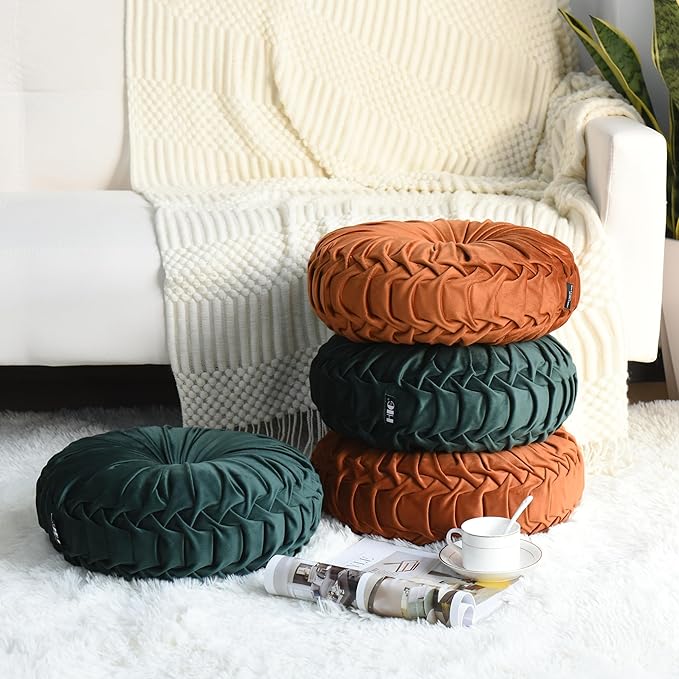 HIG Set of 2 Decorative Round Pleated Throw Pillows, Classy Accent Pumpkin Throw Pillows with Center Button, Vintage Velvet Floor Pillows for Sofa Vanity Chair Bed, Emerald, 14.5" Diameter(Ripple)