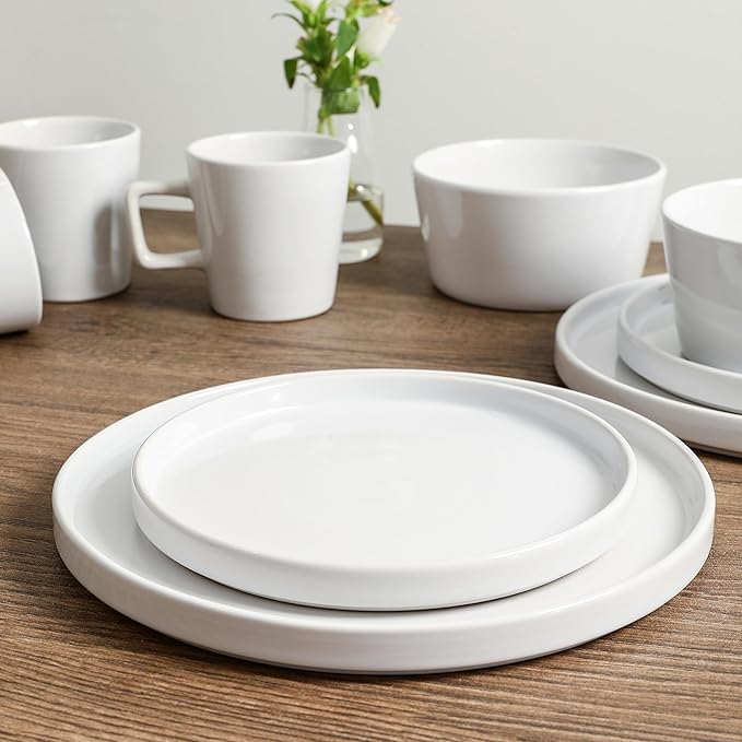 Stone Lain Celina Modern Stoneware 16-Piece Dinnerware Set, Plates and Bowls Set, White Glossy, Dish Set Service For 4