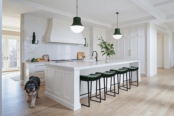 Modern Bar Stools Set of 2 for Kitchen Counter 24 inch Counter Height Backless Barstools with Upholstered Faux Leather Saddle Seat and Metal Frame Industrial Bar Chairs, Dark Green