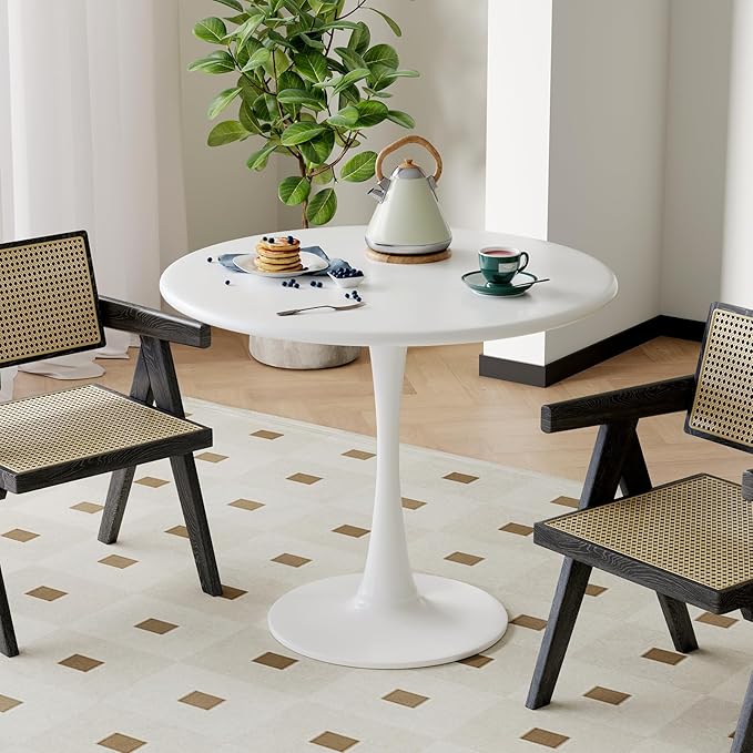 White Round Dining Table for 2 Person, 24 Inch Small Tulip Table with Metal Pedestal for Living Room, Mid Century Modern Kitchen Table for Kitchen, Office, Pub, Bar, Bistro, Circle Cafe Tables