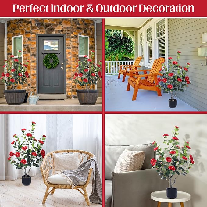 Jexine 2 Pack 36" Artificial Tree with Camellia, Fake Tree with 24 Blooming Flowers, Flower Plants Tree Faux Floral Plant Tree in Cement Pot for Indoor Outdoor Office Home Porch Decor (Red, 36")