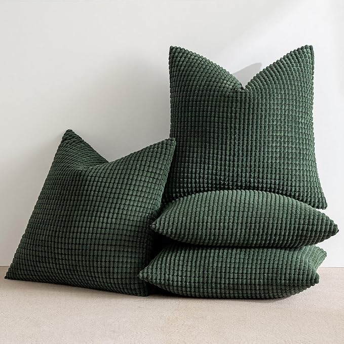 MIULEE Boho Farmhouse Throw Pillow Covers 18x18 Inch Set of 4 Soft Neutral Covers Christmas Dark Green Corduroy Couch Pillowcases Home Decor for Sofa Living Room Bed