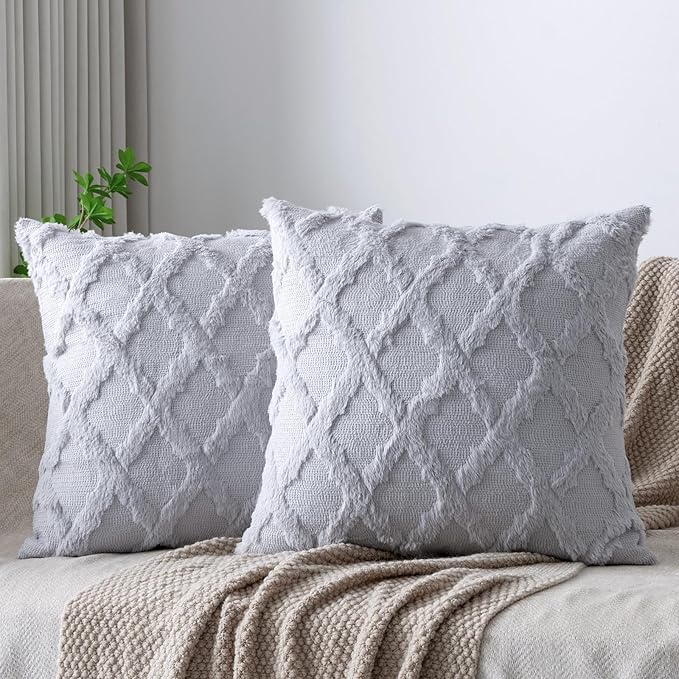 Set of 2 Soft Moroccan Throw Pillow Covers 20x20 Inch Plush Boho Decorative Pillow Cover Accent Cushion Case for Couch Sofa Bed, Grey