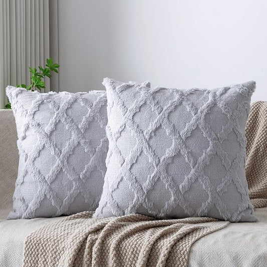 Set of 2 Soft Moroccan Throw Pillow Covers 20x20 Inch Plush Boho Decorative Pillow Cover Accent Cushion Case for Couch Sofa Bed, Grey