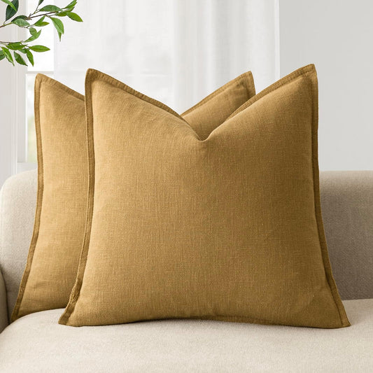 Foindtower Pack of 2, Decorative Linen Soild Throw Pillow Covers Soft Accent Cushion Case Boho Farmhouse Pillowcase for Couch Sofa Bedroom Living Room Home Decor 22 x 22 Inch Honey Mustard
