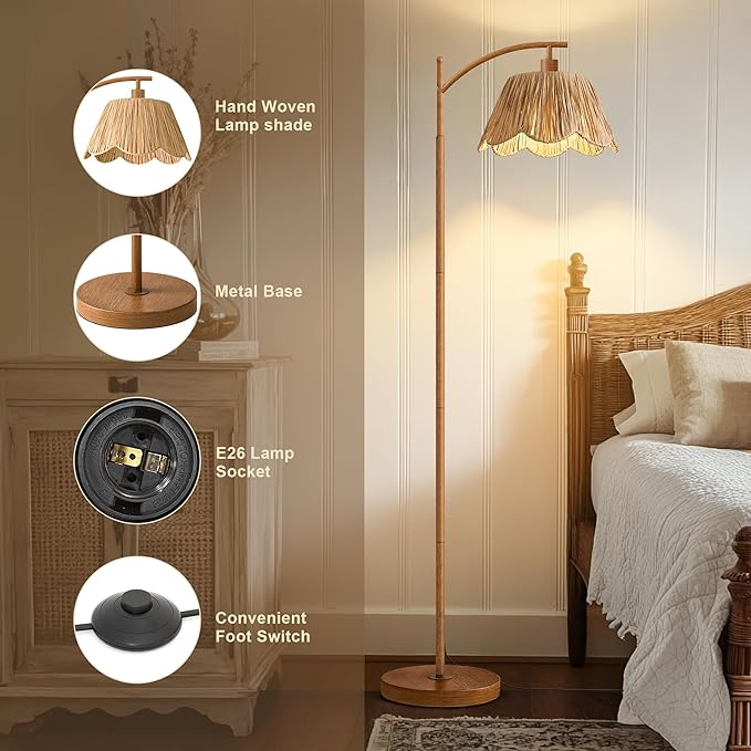 Oneach Rattan Floor Lamp for Bedroom, Boho Floor Lamp with Foot Switch, Farmhouse Standing Lamps for Living Room with Hand-Woven Shade, Walnut Metal Base & Pole