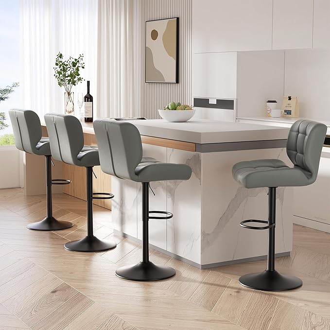 Modern Bar Stools Set of 3, Faux Leather Upholstered Swivel Bar Stools, Adjustable Counter Height Bar Chairs with High Back and Footrest for Kitchen Island (Dark Grey)