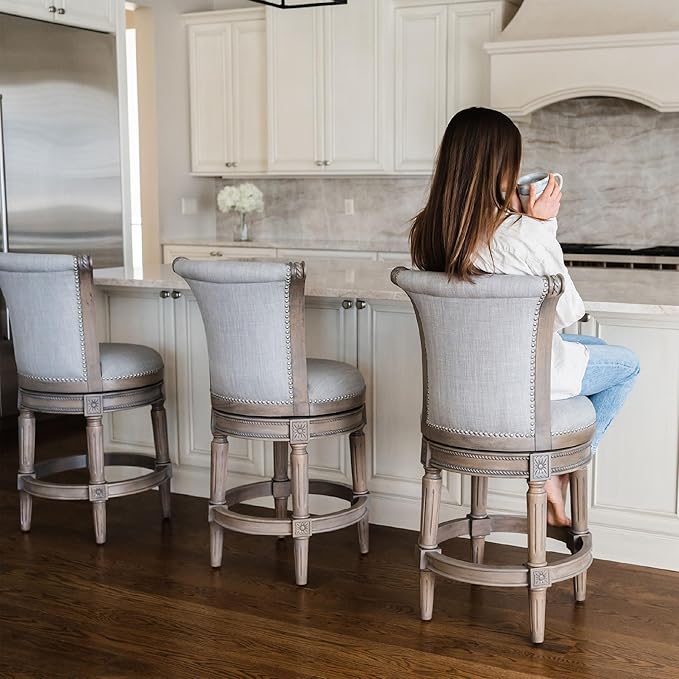 Maven Lane Pullman Counter Stool 26 Inches – Set of 2 – Swivel Stools with Footrest – Grey Solid Wood Frame & Grey Fabric Upholstery – Perfect for Kitchen Islands & Counters