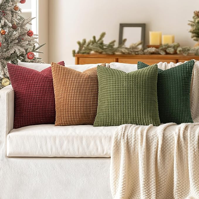 MIULEE Modern Farmhouse Decorative Pillow Covers 18x18 Inch Set of 4 Natural Rustic Throw Pillows Neutral Warm Soft Corduroy Couch Pillowcases Home Decor for Sofa Living Room Bed Christmas Green