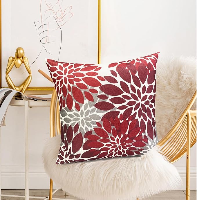 Decorative Throw Pillow Covers Set of 2 Wine Red Pillow Covers 20x20 Inch Couch Pillow Covers for Sofa Living Room Outdoor Throw Pillow Cover Linen Floral Flower Farmhouse Pillowcase