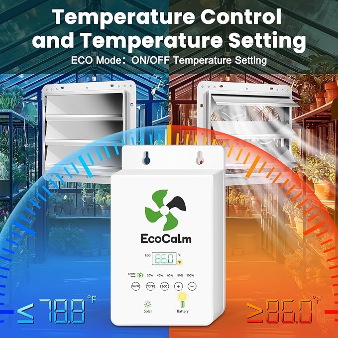 10" Solar Exhaust Fan for Greenhouse with Battery and Adjustable Thermostat, Attic Fans for Garage and Shed with 2PCS 15W Bifacial Solar Panels