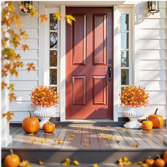 Artificial Mums Fall Fake Flowers for Outdoors, 12 Bundles Faux Mums for Outdoor Planters Decorations,UV Resistant Silk Flowers Plastic Plants for Front Porch Garden Patio Home Decor (B-Orange Yellow)