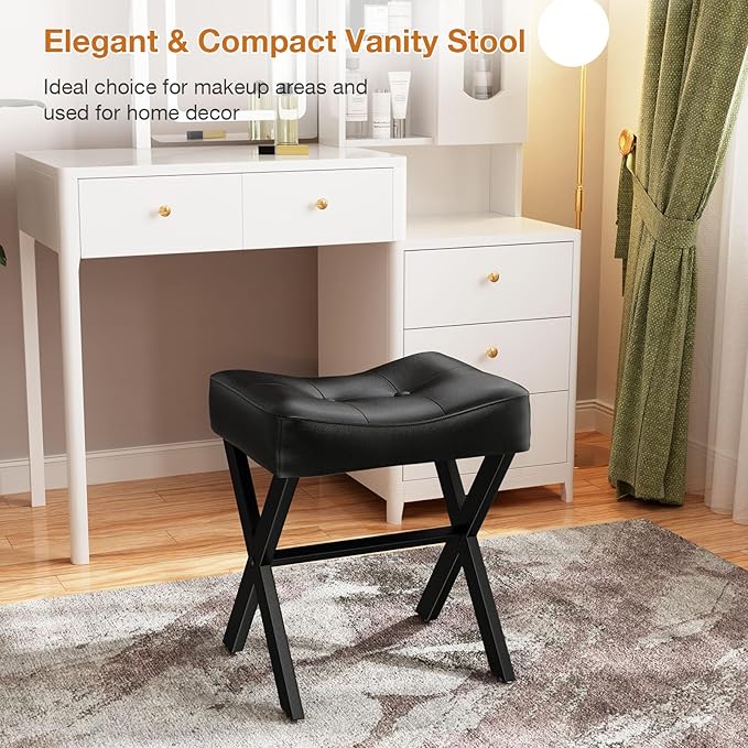 18-Inch Leather Vanity Stool Chair, Vanity Bench with Metal X-Leg, Ottoman Accent Stool with Thick Padded Saddle Seat, Black