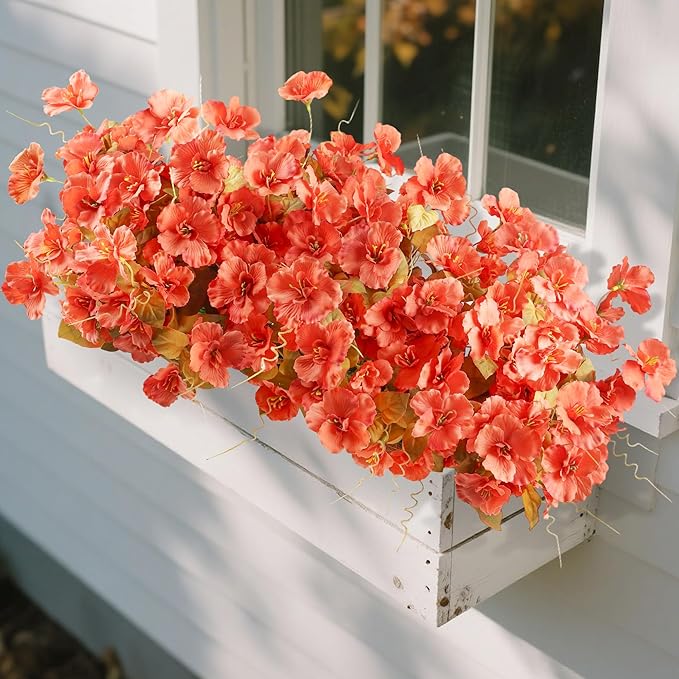 INSPRING Fake Fall Flowers Artificial Mums for Outdoors Autumn Decoration, Faux Silk Flowers Plants Realistic UV Resistant Tropical Flower Artificial for Outside Planter Patio (FOrange, 6 Bundles)