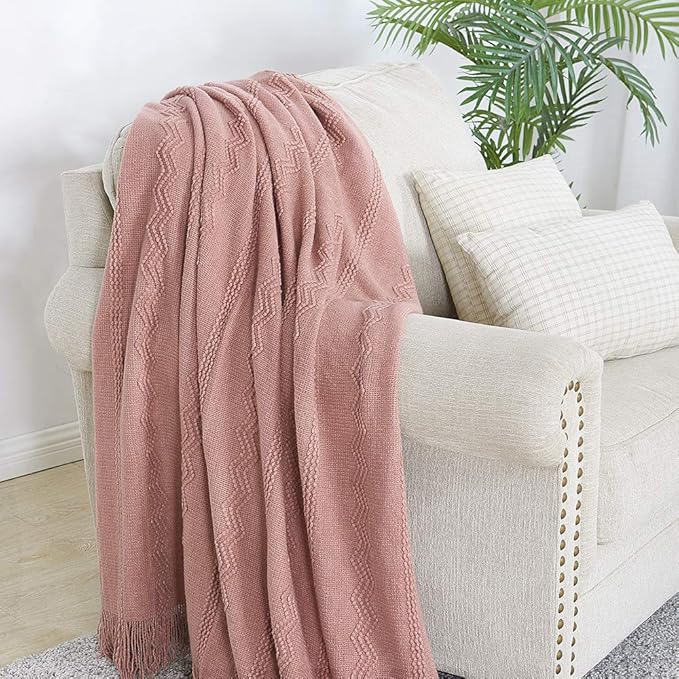 BOURINA Coral Pink Throw Blanket 50x60 Inches Throw Textured Solid Soft Sofa Couch Decorative Knit Blanket