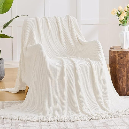 inhand Throw Blanket for Couch Bed,Chunky Chenille Woven Soft Blankets with Tassels,Cozy Boho Farmhouse Fall Winter Decor,Warm for Women,50"x60",Extra Thick-Off White