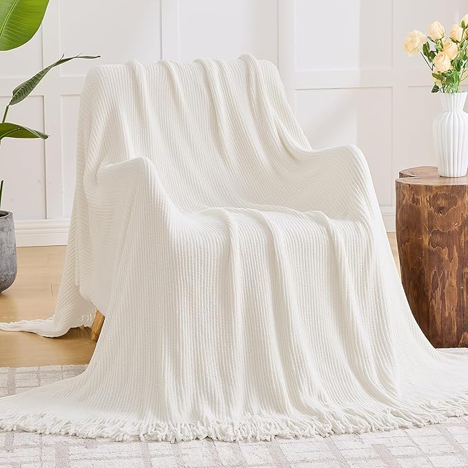inhand Throw Blanket for Couch Bed,Chunky Chenille Woven Soft Blankets with Tassels, Cozy Boho Farmhouse Fall Winter Decor,Warm for Women,60"x80",Extra Thick-Off White