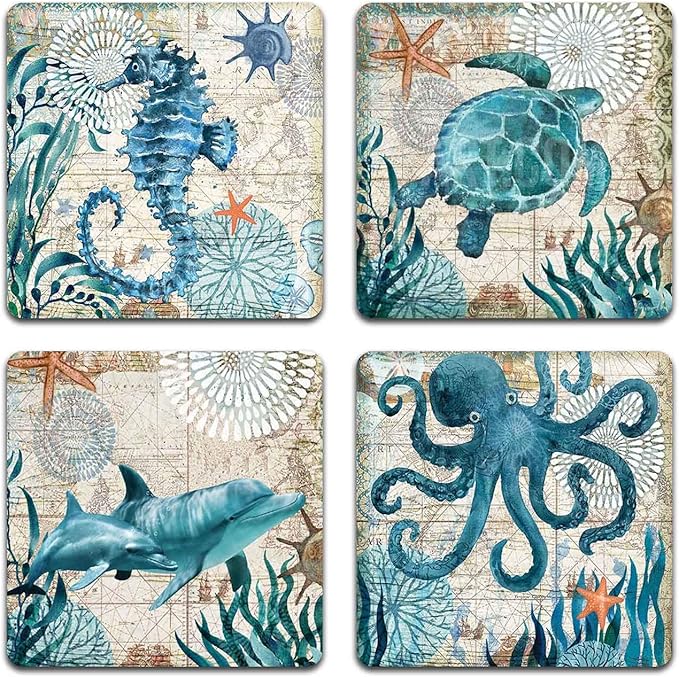 Marine Life Square Coaster Set - Made of Recycled Rubber - Set of 4