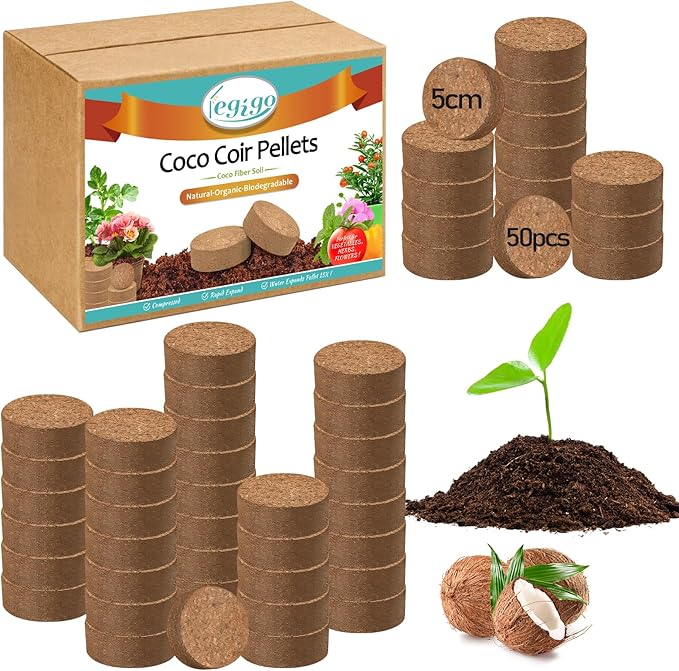 Legigo 50 Pcs 50mm Organic Coco Coir Pellets for Plants- Compressed Coconut Coir Potting Soil, Coco Fiber Pellets Coco Coir Soil for Planting, Garden, Bonsai, Herbs, Flower & Vegetables