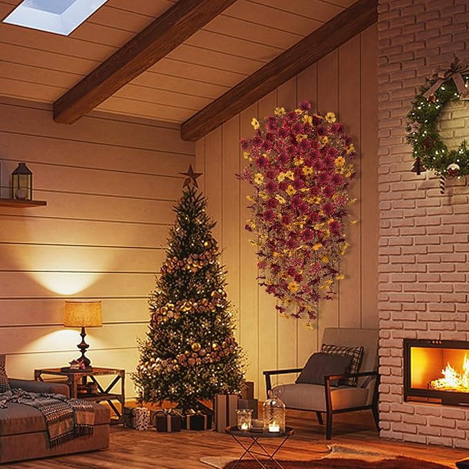 Fall Flowers Artificial for Decoration,Artificial Flowers for Outdoors,Autumn Fake Plants Home Decor Thanksgiving Realistic Silk Daisy,Fall Leaves UV Resistant Garden Courtyard Patio (Yellow Brown)