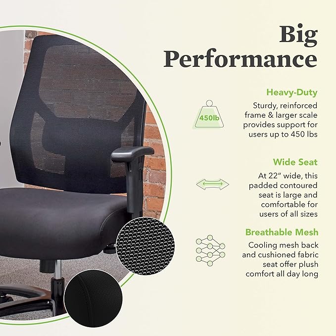 HON Crio Big and Tall Office Chair, 450lbs Weight Capacity, Extra Wide Ergonomic Desk Chair, Heavy Duty Tilt Recline, Swivel Wheels, Comfortable for Long Hours