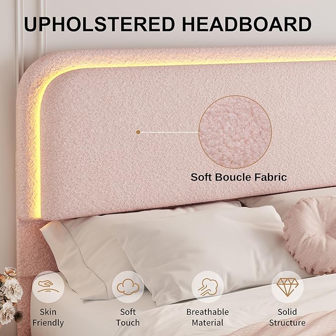 Queen Bed Frame, Soft Teddy Fleece Upholstered Platform Bedframe with Thickened Rounded Corners Headboard Footboard, Modern Curved Shaped Cloud Bed Frame with LED Lights, No Box Spring Needed, Pink