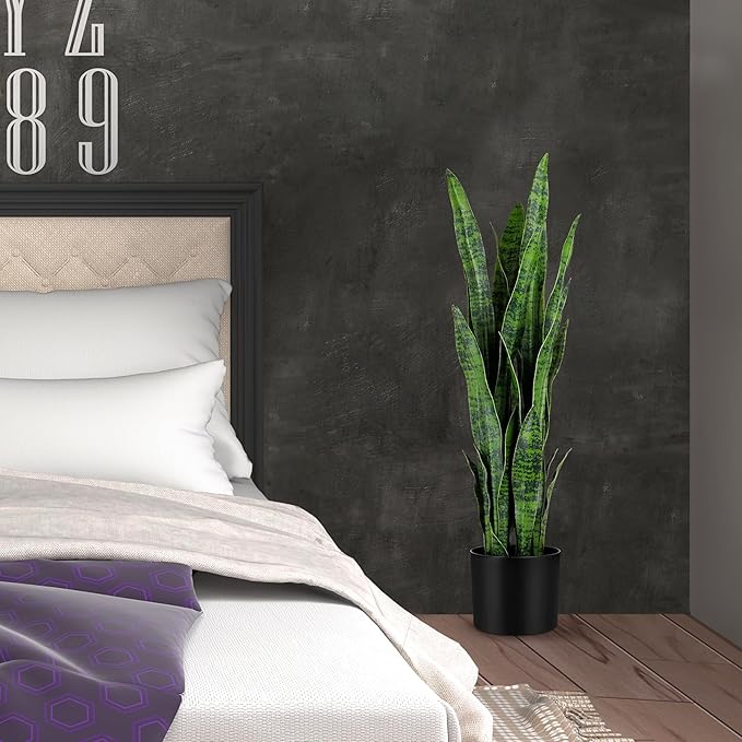 KOL 3ft 2-Pack Artificial Snake Plant - 32 Thick Lifelike Leaves, Faux Silk Sansevieria for Indoor Home & Garden Decor, 35in Potted Fake Mother-in-Law's Tongue Plants, Green
