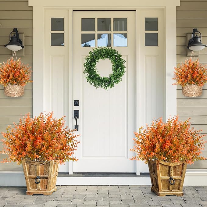 Sggvecsy 24 Bundles Artificial Eucalyptus Fall Plant Fake Bushes Boxwood Shrubs Outdoor Greenery UV Resistant Plants Faux Plastic Plants for Home Garden Indoor Fall Thanksgiving Autumn Decor(Fall)