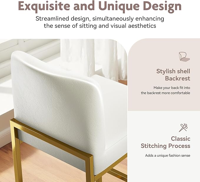 ALPHA HOME 24 Inch Bar Stools Set of 2 Kitchen Counter Stools with Back Pu Leather Counter Chair Counter Height Bar Stools with Upholstered Footrest Sturdy Chromed Metal Steel Frame, White