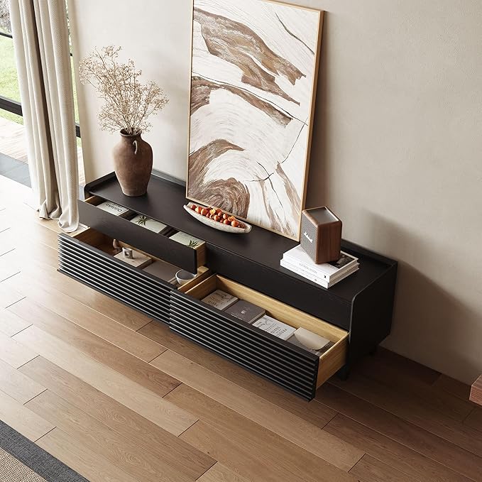 POVISON Fully-Assembled Mid Century Modern TV Stand with Legs, Wood Media Console with Adjustable LED Light for 65-inch TVs, Entertainment Center with Storage for Living Room