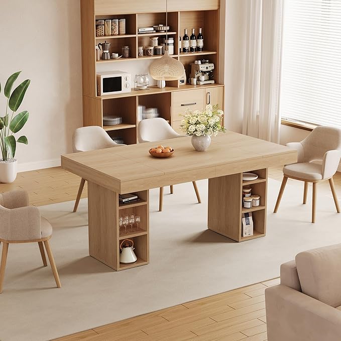 GarveeHome 63-Inch Rectangular Dining Table with Storage, Large Dining Table for 6 w/Large Tabletop & Sturdy Frame, Wooden Kitchen Table with Double Pedestal, for Dining Room, Office, Oak