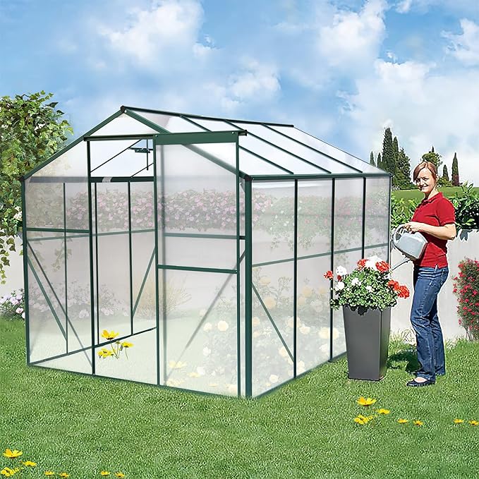 6x8 FT Polycarbonate Greenhouse, with Sliding Door and Adjustable Roof, Heavy Duty Walk-in Greenhouse Aluminum Sunroom Hot House for Outdoor Garden Backyard,Green