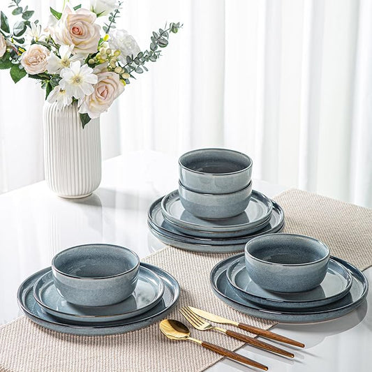 AmorArc Stoneware Dinnerware Sets for 6,Round Reactive Glaze Ceramic Plates and Bowls Set,Highly Scratch Resistant | Dishwasher & Microwave Safe Dishes Set,Service for 6 (18pc)