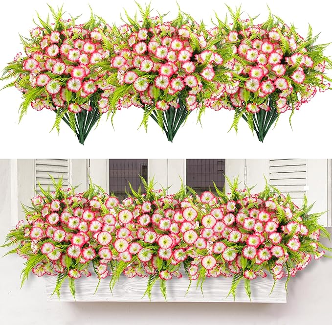 Artificial Flowers Outdoors 12 Bundles Pink Artificial Petunias Fake Flowers UV Resistant Shrubs Plants with Fern for Indoor Outside Hanging Planters Home Garden Summer Decorations