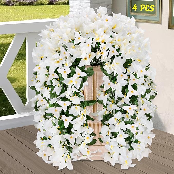 Artificial Bougainvillea Flowers for Outdoor Plant,4 pcs Faux Hanging Flowers Bougainvillea for Outside Decoration,Fake Silk UV Resistant Vines for Front Door Porch(White)