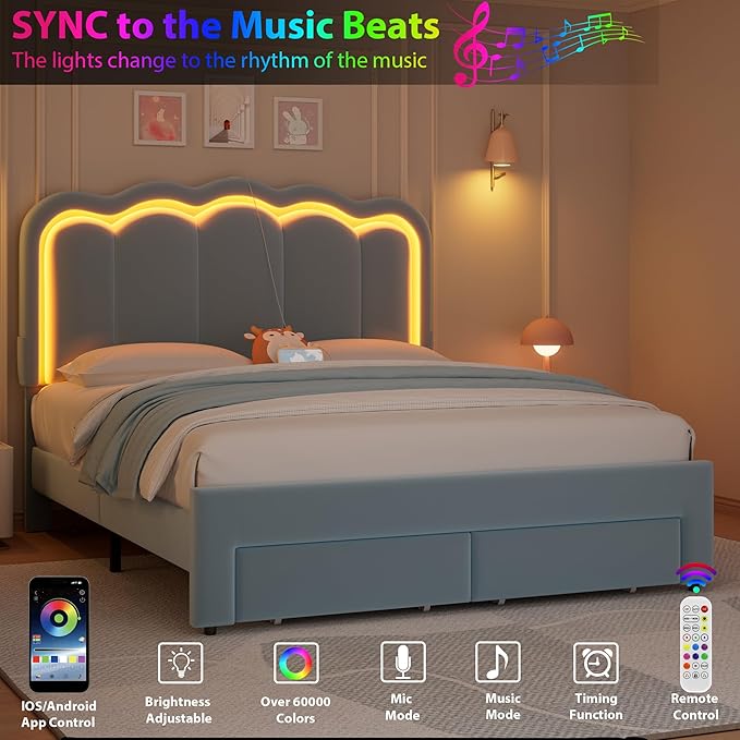 Queen Upholstered LED Bed Frame with 2 Storage Drawers and Adjustable Chic Double Wavy Headboard, Velvet Princess Platform Bed with Charing Station, Solid Wood Slats Support,No Box Spring Needed,Blue