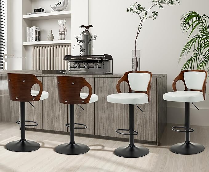 ECOTOUGE Swivel Bar Stools Set of 4, Height Adjustable Bentwood Island Stools, Modern Counter Height Bar Stools, Faux Leather Counter Stools with Back & Footrest, White