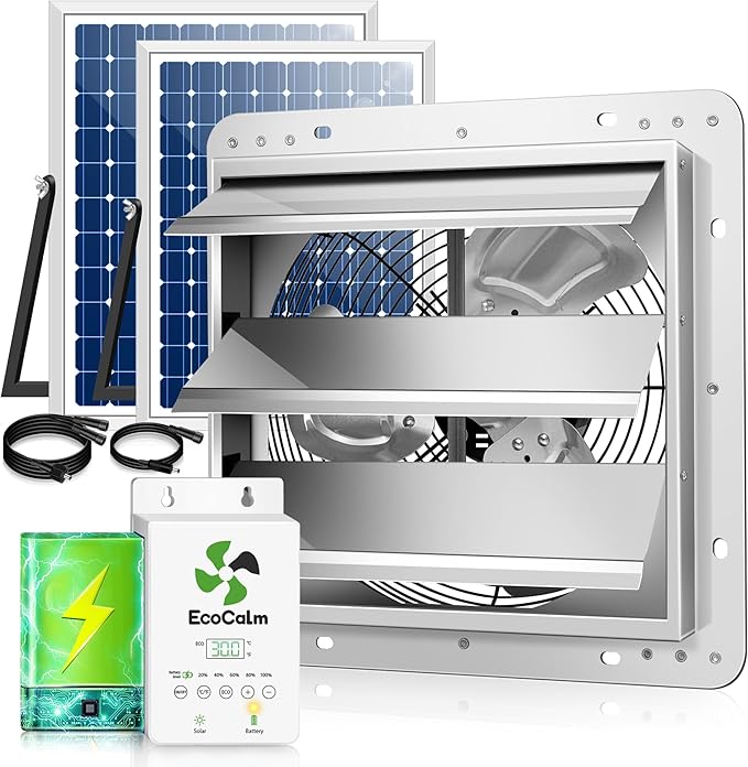 14" Solar Exhaust Fan for Greenhouse with Battery and Adjustable Thermostat, Attic Fans for Garage and Shed with 2PCS 30W Bifacial Solar Panels