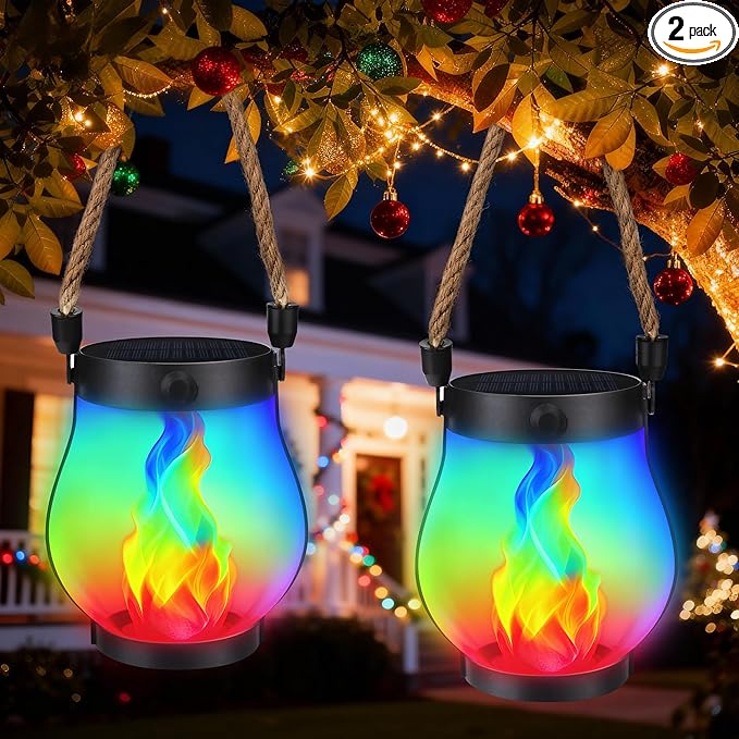 Christmas Solar Flame Lanterns Hanging Outdoor Waterproof - 2 Pack Flame Lanterns with Dual Charging Modes of Solar & USB for Garden or Yard Christmas Decorations (Multicolor - 2 Pack)