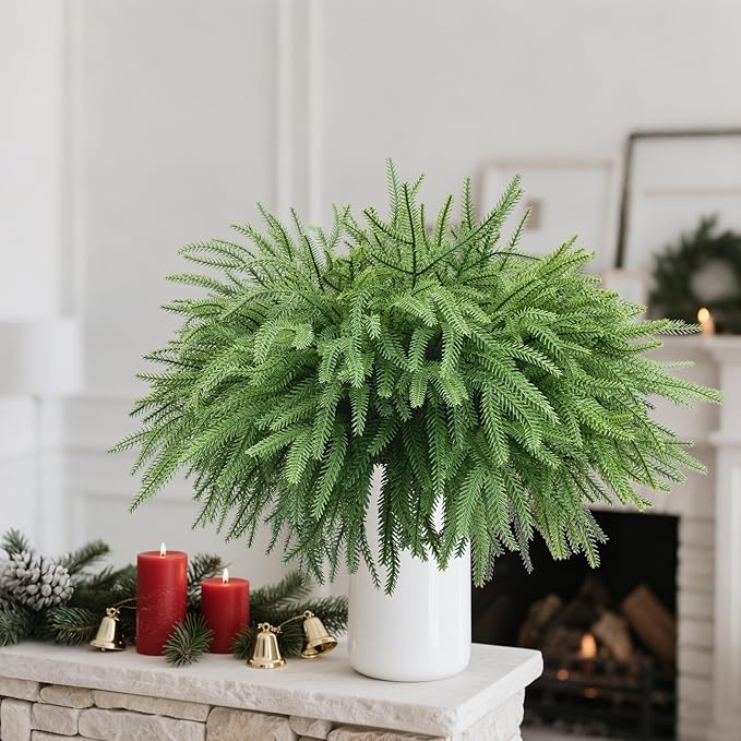 16 Pcs Real Touch Norfolk Pine Branches, 18 Inch Artificial Christmas Green Plants Branches Faux Greenery Stem Fake Cedar Pine Picks for Vase DIY Crafts Garland Wreath Xmas Indoor Outdoor Home Decor