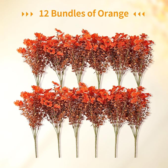 Artificial Mums Fall Fake Flowers for Outdoors, 12 Bundles Faux Mums for Outdoor Planters Decorations,UV Resistant Silk Flowers Plastic Plants for Front Porch Garden Patio Home Decor (B-Orange)