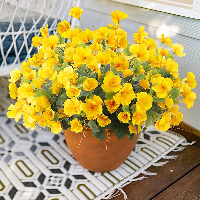Fake Hibiscus Artificial Flowers for Outdoors Spring Summer Decoration, 6 Bundles Silk Yellow Hibiscus Flowers Bouquet UV Resistant Look Real Faux Plants for Outside Planter Front Door Porch Balcony
