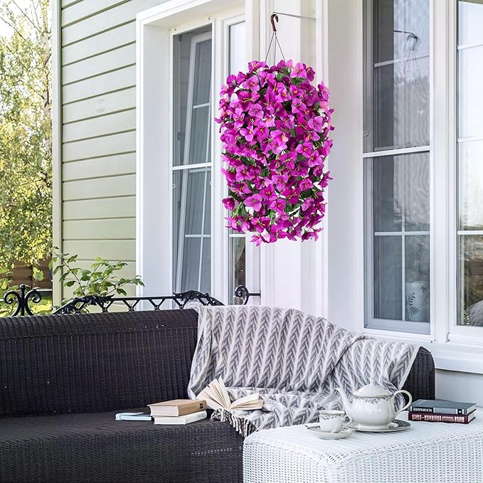 2 pcs Artificial Faux Bougainvillea Flowers Plants for Outdoor Outside Summer Decoration, Fake Silk UV Resistant Long Trailing Vines for Front Door Porch Planter Balcony (Double Lotus)