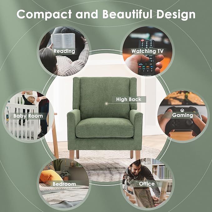 COLAMY Modern Wingback Living Room Chair Set of 2, Upholstered Fabric Accent Armchair, Single Sofa Chair with Lounge Seat and Wood Legs for Bedroom/Office/Reading Spaces, Green